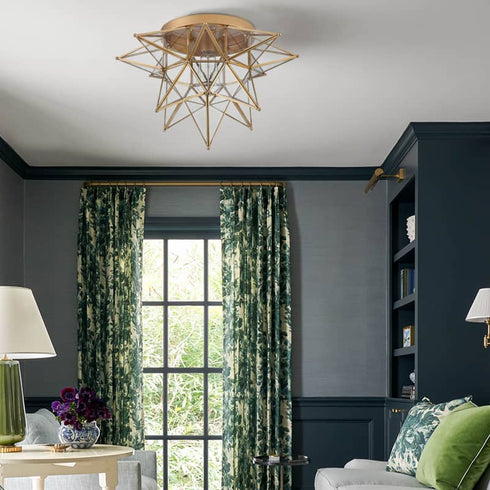 Brass Moravian Star Ceiling Light, 18-in, Transparent Glass